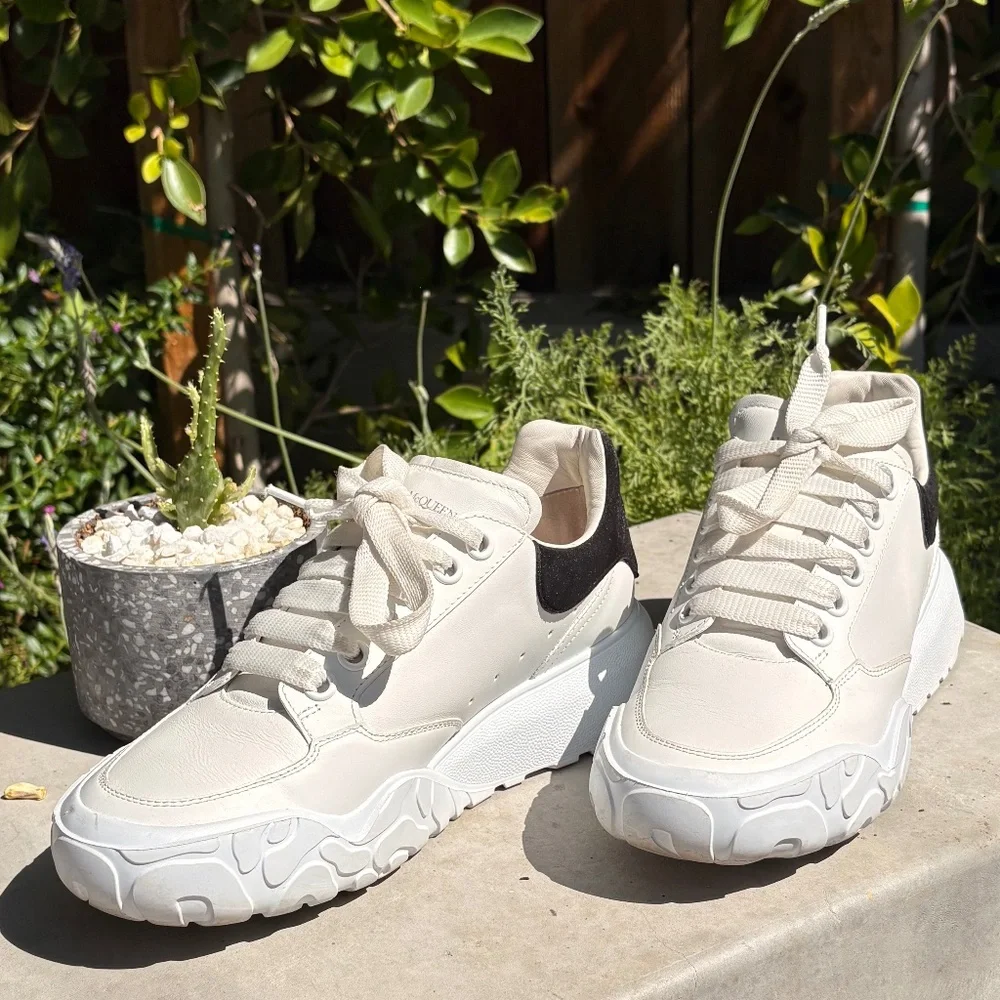 Alexander McQueen White Leather Sneakers with Black Heel Tab
